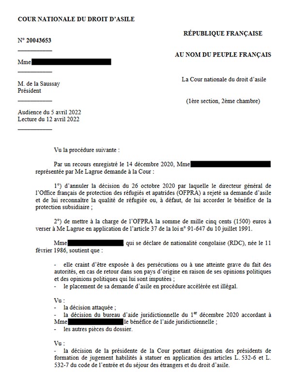 asile suite à l'assassinat de son père