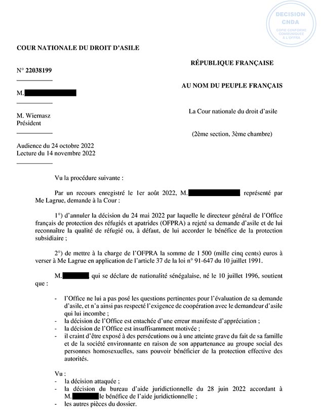 Qualité de réfugié en raison de son homosexualité au Sénégal